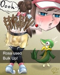 1cho1ri ass blue_eyes blush bow brown_hair defecation desperation embarrassed hair_bun hat leggings messing open_mouth pokemon pokemon_(species) rear_view relief rosa_(pokemon) scat scat_desperation shitting skirt snivy soiling soiling_clothing sweat sweatdrop text text_bubble trembling