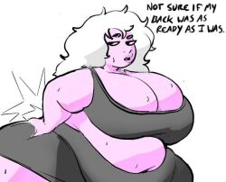 1girls amethyst_(steven_universe) ass bbw big_ass big_breasts breasts cleavage dialogue fatcanopy female hand_on_ass huge_ass large_breasts purple_skin steven_universe text thick_thighs white_hair wide_hips