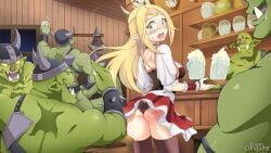 1girls 2d 2d_(artwork) 2d_artwork ass bar_maid beer beer_mug blonde_hair breasts brown_thighhighs dress elf elf_female elven_conquest fantasy faye_(elven_conquest) female femsub game_cg green_eyes holding_tray long_hair male male_orc/female_elf maledom medium_breasts orc orc_male panties pinktea short_dress slave slave_training spank_marks spanking thighhighs tray waitress