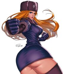 1girls armwear artist_request ass big_ass big_breasts blonde_hair blue_eyes breasts capcom female female_only gloves hair hat headwear hips huge_ass kolin legwear lips long_hair sideboob solo solo_female street_fighter thick_lips thick_thighs thighhighs thighs ushanka