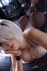 1girls 2022 android android_girl ass barefoot beauty_mark blue_eyes breasts cleavage feet feet_up female female_only gym hair_over_one_eye hairband hips huge_ass huge_breasts indoors light-skinned_female light_skin lying_on_stomach nier nier:_automata nier_(series) olchas selfie short_hair slim_waist soles sportswear stirrup_legwear thick_lips thick_thighs thighs white_hair wide_hips yorha_2b