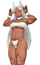 1girls :o animal_ears arms_up bangs bare_shoulders breasts bunny_pose cleavage collarbone cowboy_shot dark-skinned_female dark_skin female_focus fur-trimmed_bandeau fur_collar fur_panties fur_trim highres large_breasts long_eyelashes long_hair looking_at_viewer miruko muscular muscular_female my_hero_academia navel panties parted_bangs rabbit_ears rabbit_girl rabbit_tail red_eyes rumi_usagiyama solo stomach tail thick_thighs thighs toned tsukumo_momo underboob underwear very_long_hair white_background white_bandeau white_hair white_panties wrist_cuffs