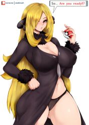 ! !!? 1girls big_breasts black_bra black_eyes black_panties black_robe blonde_hair bottomwear bra breasts cameltoe cleavage clothes clothing cynthia_(pokemon) dialogue english english_text female female_only fishnets game_freak hair hair_ornament hair_over_one_eye hand_on_hip human lips long_hair looking_at_viewer mature mature_female nipple_bulge nipples panties pokeball pokemon pokemon_dppt pussy see-through sizebrush solo solo_female speech_bubble text thick_thighs thighs thong topwear watermark white_hair