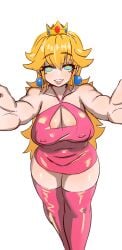 1girls aporojune big_breasts blonde_hair blue_earrings bottom_lip breasts clothing crown dress ear_piercing earrings erect_nipples female female_only hair headwear hips huge_breasts legwear lips lipstick_on_bottom_lip long_hair looking_at_viewer mario_(series) nintendo pink_dress pink_thighhighs princess_peach skimpy skimpy_dress solo solo_female teal_eyes thick_lips thick_thighs thighhighs thighs white_background