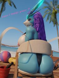 anthro ass ball beach beach_ball big_breasts big_butt blue_body breasts chair dildo female furniture generation_2_pokemon hair hi_res huge_butt inflatable legendary_pokemon nintendo nipples on_chair pokemon pokemon_(species) purple_hair red_eyes seaside sex_toy sitting sitting_on_chair solo suicune video_games white_body xlkev