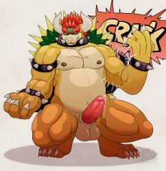 4_fingers 4_toes anthro audiophilliac bara barazoku bodily_fluids bowser bowser_day bracelet chained chains claws clothing collar countershading crouching cum erection eyebrows feet fingers genital_fluids genitals giga_bowser hair hi_res horn jewelry koopa leaking_cum leaking_precum licking licking_lips looking_sideways male male_only manly mario_(series) metal_collar muscular muscular_anthro muscular_male narrowed_eyes nintendo nipples paws penis precum red_eyes red_hair scalie shell smile solo spiked_bracelet spiked_collar spikes super_smash_bros. teeth toes tongue tongue_out underwear video_games yellow_body