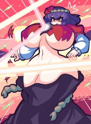 big_breasts breasts convenient_censoring female gensin hourglass_figure huge_breasts kanako_yasaka navel nipple_bulge purple_hair red_eyes tagme thick thick_thighs torn_clothes touhou underboob wardrobe_malfunction