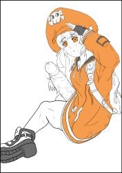 1futa anime_style backpack balls bottomless clothed clothing cute cute_face erection exhibitionism futa_only futanari glans gloves guilty_gear guilty_gear_strive huge_balls huge_cock human humanoid_genitalia hyper_penis intersex kibou-kage legs light_skin line_art long_hair masturbation may_(guilty_gear) mostly_clothed muscles no_panties orange_eyes penis penis_out precum shoes sitting sketch skull solo surprise surprised sweat testicles thick_legs veins white_background