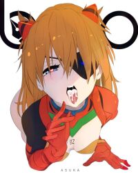 asuka_langley_sohryu bicio blue_eyes bodysuit cum cum_in_mouth cum_inside cum_on_tongue eyepatch female hairpods heart-shaped_pupils looking_at_viewer neon_genesis_evangelion open_mouth orange_hair plugsuit