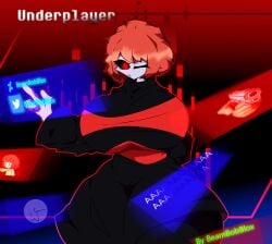 1girls 2022 2d beambobblox big_breasts black_sclera female female_only grey_skin player player_(underplayer) red_eyes red_hair rule_63 solo tagme underplayer undertale undertale_(series) undertale_au undertale_fanfiction