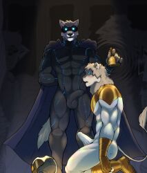 anthro balls_outline bell bulge canid canine canis cape clothed clothing dominant dominant_anthro dominant_male duo erection erection_under_clothing eyewear felid fur genital_outline glowing glowing_eyes goggles grey_body grey_fur hi_res hyenaface hypnosis lion male male/male mammal mind_control muscular muscular_anthro muscular_male pantherine penis_outline ringed_eyes submissive submissive_anthro submissive_male superhero superhero_costume supervillain supervillain_costume tan_body tan_fur tenting tight_clothing wolf