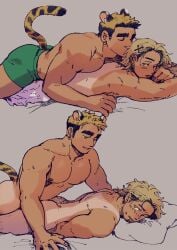 2021 2boys animal_ears blonde_hair blue_eyes blush boxers brown_eyes couple duo earrings fit gay hair_ornament kemonomimi male male/male male_only nipples nude shanshankuo short_hair sweat tail tanline tiger underwear yaoi