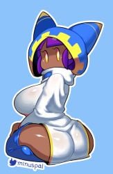 1girls 2022 absurd_res artist_name ass back big_ass blue_background clothing dark-skinned_female dark_skin dress female female_only full_body hand_on_thigh highres hood huge_breasts humanized kirby's_return_to_dreamland kirby_(series) kirby_star_allies kneeling looking_at_viewer looking_back magolor minus8 nintendo purple_hair rule_63 seiza signature simple_background sitting solo tagme thick_thighs thighhighs thighs twitter_username watermark white_dress yellow_eyes