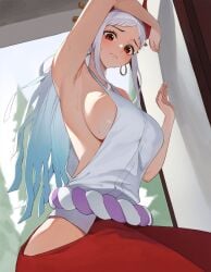 1girls armpit big_breasts blue_hair breasts brown_eyes clothed clothing curvy ear_piercing earrings female female_only gradient_hair hakama hi_res highres hoop_earrings horned_humanoid horns humanoid japanese_clothes jason_kim light-skinned_female light_skin long_hair multicolored_hair one_piece oni oni_female oni_horns revealing_clothes sideboob simple_background solo solo_female two_tone_hair white_hair wide_hips yamato_(one_piece) youkai