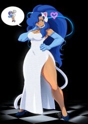 big_breasts blue_hair breasts capcom catgirl clothing darkstalkers dress evening_gown felicia felicia_(darkstalkers) female gown medium_breasts midnight_bliss solo_female tagme tail thick_thighs tovio_rogers white_dress white_fur