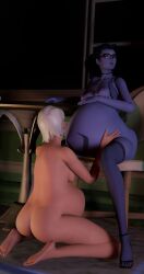 2girls 3d ashe_(overwatch) ass belly big_belly blizzard_entertainment breasts female glasses hand_on_belly nipples overwatch pregnant purple-skinned_female purple_skin white_hair widowmaker yuri zero-thl