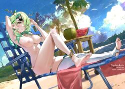 artist_name bar_censor barefoot beach beach_towel beach_umbrella beauty_mark breasts casual_nudity censored ceres_fauna detailed_background flowers_in_hair green_hair hair_over_one_eye hololive hololive_english hololive_english_-council- hololive_english_-promise- horns looking_at_viewer mostly_nude nail_polish one_thighhigh pubic_hair pussy seaside side_view sunglasses sunglasses_on_head sydus virtual_youtuber yellow_eyes