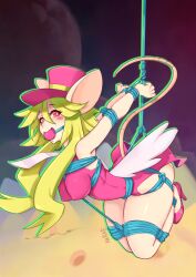 animal_ears anthro ball_gag blush_stickers bondage bound breasts female gag green_hair hat high_heels krakenparty large_ass leotard mouse mouse_ears mouse_tail necktie nipple_bulge pink_clothing pink_tailcoat rat_girl rat_god rat_god_(mad_rat_dead) red_eyes tail thick_thighs top_hat wings