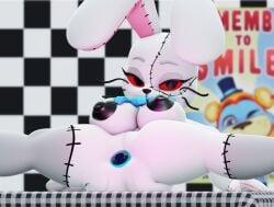 3d bowtie bunny_ears buttplug buttplug_in_ass five_nights_at_freddy's five_nights_at_freddy's:_security_breach fnaf fossil3d legs_apart legs_spread nipples red_eyes showing_off sitting_on_table suit tagme vanny_(fnaf)