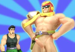 2boys 3d 3d_(artwork) balls ballsack bara bara_tiddies black_hair blush blushed boots captain_falcon erect_penis erection f-zero gay genitals half_naked helmet little_mac male male_only manly muscular muscular_male nickoingh nintendo nipples pectorals penis penis_out punch_out red_helmet scarf semi_nude shorts simple_background solo solo_male super_smash_bros. surprised tank_top video_games