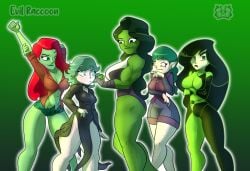 5girls anime_style arms_up ass big_ass big_breasts braid braided_hair braided_ponytail crossed_arms crossover dc dc_comics disney disney_channel disney_xd eastern_and_western_character emira_blight evil_raccoon female female_only fully_clothed green green_background green_body green_eyes green_hair green_skin harley_quinn_(series) kim_possible large_ass leotard long_hair marvel marvel_comics medium_breasts muscular muscular_female one-punch_man poison_ivy red_hair she-hulk shego short_hair showing_off size_difference small_breasts smile smirk superheroine supervillain supervillainess taller_girl tatsumaki the_owl_house thick_ass thick_thighs tight_clothing trait_connection villain villainess white_body white_skin