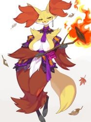 1girls :q areola_slip blush breasts delphox dress female female_only fire full_body halloween hi_res inner_sideboob kame_3 looking_at_viewer monocle narrowed_eyes nintendo nipple_slip orange_eyes pokémon_(species) pokemon smiling smiling_at_viewer solo stick sweet_potato white_background