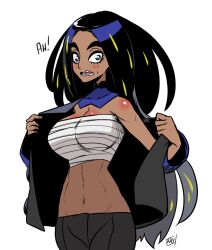 bandage big_breasts black_hair blue_eyes blush bottomwear breasts brown_skin dark-skinned_female dark_skin geeta_(pokemon) indian indian_female jacket kukuruyo looking_at_viewer pokemon pokemon_champion pokemon_sv sarashi shocked undressing