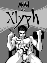 black_and_white boner english_text erect_penis erection hard_on male male_only muscles muscular muscular_male sitting sketch uncolored xlyph