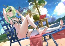 artist_name barefoot beach beach_towel beach_umbrella beauty_mark bikini bikini_bottom bikini_top ceres_fauna cow_print cowkini detailed_background feet flowers_in_hair green_hair hair_over_one_eye hololive hololive_english hololive_english_-council- hololive_english_-promise- horns looking_at_viewer nail_polish one_thighhigh seaside side_view sunglasses sunglasses_on_head sydus virtual_youtuber yellow_eyes