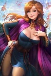 anna_(frozen) areolae belt blue_eyes blush cape disney edited frozen_(film) half-closed_eyes hand_on_hip large_breasts lipstick looking_at_viewer neoartcore nudtawut_thongmai orange_hair slim_waist standing thick_thighs visible_nipples