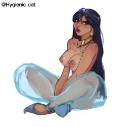 1girls aladdin casual_topless disney disney_princess hygienic_cat inverted_nipples large_breasts lipstick long_hair looking_at_viewer persian_clothing persian_female princess_jasmine sitting sketch solo white_background