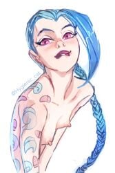 1girls biting_lip blue_hair braid female hygienic_cat jinx_(league_of_legends) league_of_legends long_hair looking_at_viewer nipples nude pink_eyes portrait small_breasts solo tattoo topless white_hair