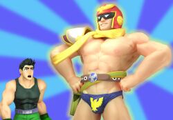 2boys 3d 3d_(artwork) bara bara_tiddies black_hair boots captain_falcon erect_penis erection f-zero gay helmet little_mac male male_only manly muscular muscular_male nickoingh nintendo nipples pectorals punch_out red_helmet scarf semi_nude shorts simple_background solo solo_male super_smash_bros. surprised tank_top thong underwear video_games