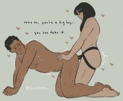 1boy 1boy1girl 1girl 1girls anal anal_sex arm_hair ass black_hair body_hair chest_hair crying crying_with_eyes_open dialogue encouragement english_text erection feet female/male female_penetrating female_penetrating_male femdom gentle_femdom heart jo_vixen_ leg_hair legs_together male male/female male_penetrated naked nipples original original_character pegging penis precum soft straight strap-on strapon sweat tears text trembling