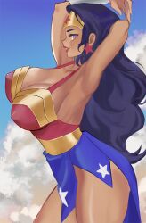 1girls 2022 amazon armpits arms_behind_head big_breasts blue_eyes breasts cleavage dark-skinned_female dark_blue_hair dc_comics dc_super_hero_girls diana_prince erect_nipples female female_only lalainn makeup perky_breasts pokies side_view sideboob solo star_earrings superheroine tanned_female thick_lips thick_thighs wide_hips wonder_woman wonder_woman_(series)