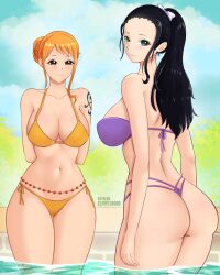 2girls big_breasts bikini elpipe3000 female female_only long_hair nami nami_(one_piece) nico_robin one_piece post-timeskip swimsuit