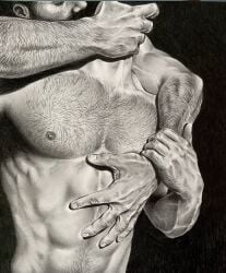 abs black_and_white brad_welch_art embrace gay hairy male male_only muscles muscular muscular_male pecs pencil_(artwork) sketch