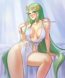 cleavage dress erominart female green_eyes green_hair kid_icarus kid_icarus_uprising loose_dress nintendo palutena solo