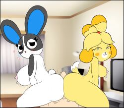 1boy 2girls animal_crossing anthro ass astrolonaut breasts bunny buttjob canine domestic_dog dotty_(animal_crossing) erect_nipples erection female heart hot_dogging isabelle_(animal_crossing) male nintendo nipples penis rabbit