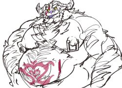 1boy ahab_(tokyo_afterschool_summoners) anthro arm_hair bedroom_eyes belly belly_hair bestiality big_belly big_nipples bison body_hair bovid bovine chest_hair corrupted dark_sclera demon exe_exem facial_hair horn horned_humanoid humanoid looking_at_viewer male male_only mammal musclegut muscular muscular_arms muscular_male narrowed_eyes nipple_piercing nipples piercing purple_tongue ring_piercing scar seductive sideburns solo tokyo_afterschool_summoners tongue tongue_out ursid yellow_eyes