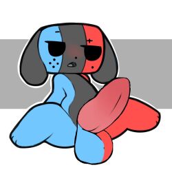 2017 animate_inanimate anthro bakap balls black_eyes black_nose blue_body blush canine edit edited grey_body male male_only mammal nintendo nude open_mouth penis red_body simple_background sitting solo switch_dog toony two_tone_body video_games