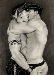 black_and_white brad_welch_art caucasian caucasian_male daddy earrings gay leather leather_daddy male male_only men_kissing muscles muscular muscular_male pencil_(artwork) sketch tattoo thong