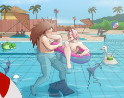 akimichi_chouji big_penis blush brown_hair chubby chubby_male esejota floating green_eyes naked naruto naruto_shippuden party pink_hair pool public public_sex sakura_haruno sex skinny_dipping testicles vaginal_penetration vaginal_sex