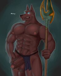 ... 2022 abs anthro anubian_jackal areola balls biceps big_balls big_penis biped blue_eyes blush bodily_fluids boner bottomwear bottomwear_aside brown_body brown_fur canid canine canis clothed clothing clothing_aside digital_media_(artwork) erection fleshformomo foreskin fur genitals glans glowing glowing_eyes hi_res holding_object holding_weapon humanoid_genitalia humanoid_penis jackal league_of_legends loincloth loincloth_aside loincloth_only male male_only mammal muscular muscular_anthro muscular_male muscular_thighs nasus navel nipples pecs penis pubes quads riot_games solo standing sweat teeth thick_thighs topless vein veiny_penis video_games weapon