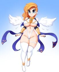 1girls 2022 angel_wings blonde_hair blue_eyes boots breasts cassidy_(saymanart) ear_piercing flying large_breasts looking_at_viewer navel original piercing revealing_clothes saymanart skindentation smile tagme thick_thighs thigh_boots thighhighs thighs underboob wide_hips wings