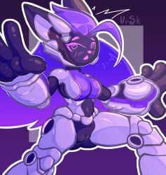 anthro ass breasts female genitals hair hi_res machine pinup pose protogen purple_hair pussy shy solo ursk wide_hips