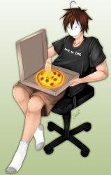1boy ahoge brown_hair chair cryaotic food_play male male_only o_o pepperoni_pizza pizza sitting socks solo solo_male t-shirt veiny_penis white_socks youtube youtuber
