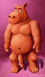 anthro balls belly brown_eyes clay_creature common_hippopotamus eyebrows genitals goo_creature hands_at_side hi_res hippopotamid hooves humanoid_genitalia humanoid_penis looking_at_viewer male mammal moobs navel nipples orange_body overweight overweight_male penis pink_background raised_eyebrows simple_background smile smiling_at_viewer solo standing wontonrhino