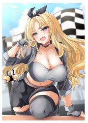 black_hairband black_skirt blonde_hair blue_eyes blurry blurry_background breasts checkered_flag cowboy_shot cropped_jacket female fingerless_gloves flag gloves grey_bandeau grey_gloves grey_jacket grey_necktie hairband highres jacket kantai_collection kasashi_(kasasi008) large_breasts long_hair looking_at_viewer midriff miniskirt necktie nelson_(kantai_collection) official_alternate_costume race_queen skirt solo