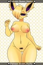 absurd_res anthro barcode barcode_tattoo breasts eeveelution female generation_1_pokemon genitals hashu hi_res jolteon looking_at_viewer nintendo nipples nude pokemon pokemon_(species) pokemorph pussy solo tattoo thick_thighs video_games yellow_body